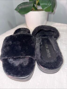 Stuart Weitzman Black Plush Fur Slide Slippers